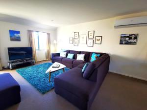 ein Wohnzimmer mit einem Sofa und einem blauen Teppich in der Unterkunft Les Troupes Apartments in Akaroa