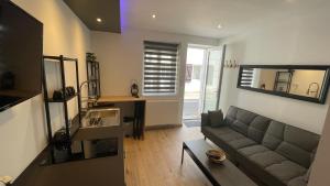 a living room with a couch and a kitchen at Bienvenue chez vous "appartement classé 2 étoiles en RDC avec espace extérieur et parking" in Dole