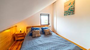 a bedroom with a blue bed and a window at Apartamenty Ptasie Gniazdo Stare Sady in Mikołajki