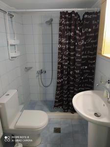 a bathroom with a shower with a toilet and a sink at Joanna 's Loft in Kissamos +64 photos