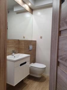 a bathroom with a white toilet and a sink at Apartamenty Mieszko Rowy in Rowy