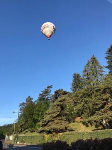 un globo de aire caliente está volando en el cielo en La crémaillère en Murol