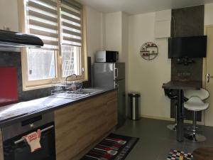 eine Küche mit einer Spüle und einem Kühlschrank in der Unterkunft La crémaillère in Murol
