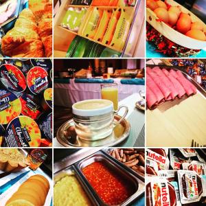 un collage d’images de différents types de denrées alimentaires dans l'établissement Helgon Hotel - Lourdes Pyrénées, à Lourdes