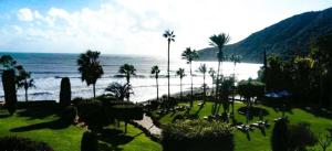 Blick auf einen Strand mit Palmen und das Meer in der Unterkunft Villa Rossa in Pissouri