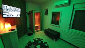 Sala de estar verde con sofá y TV en Deltix Apartments, en Vršac