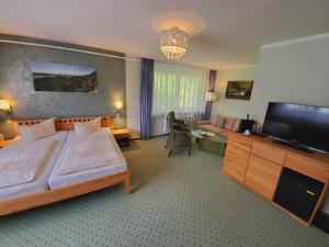 a bedroom with a large bed and a flat screen tv at Pension Am Nationalpark in Stadt Wehlen
