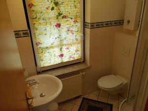 a small bathroom with a sink and a toilet at 4 Sterne-Haus am See in Waren +75 photos