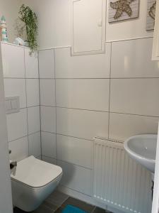 y baño con aseo y lavamanos. en Ferienwohnung "Im Gässel", en Neustadt an der Weinstraße