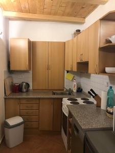 a kitchen with wooden cabinets and a stove top oven at Apartment Sadova in Karlovy Vary +16 photos