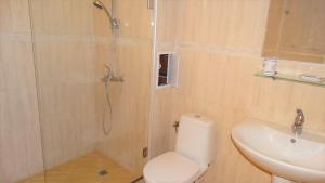 a bathroom with a shower and a toilet and a sink at Captain's Island Deluxe in Chernomorets +10 photos