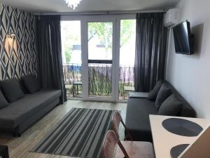 a living room with a couch and a table at Apart - apartament 12 in Okuninka