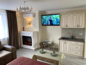 a living room with a fireplace and a tv on the wall at NESS готельно-ресторанний комплекс in Lutsk