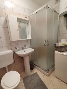 a bathroom with a shower and a toilet and a sink at Tramonto in Medulin