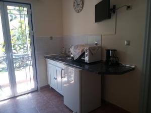 a kitchen with a counter with a sink and a window at Studios Eftichia in Fournoi