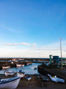 a group of boats are parked in a harbor at Paraíso Azul, AL in Vila Franca do Campo