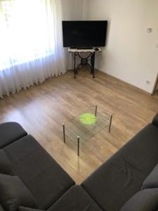 a living room with a couch and a tv at Domek Damianki - cały dom in Zawoja +15 photos