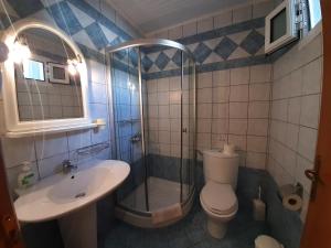 een badkamer met een douche, een toilet en een wastafel bij Paraga Rooms Pefkari in Pefkari