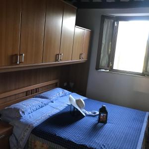1 dormitorio con cama con sábanas azules y ventana en il canto del gallo en Murlo