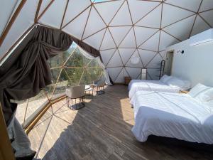 Una habitación con 2 camas en una tienda en COSMOS GLAMPING ARTEAGA, en Arteaga