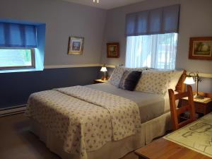 a bedroom with a bed and a table and two windows at 3 Bedrooms 3 beds near metro -2 Parking Free in Montreal