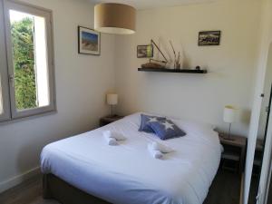 フォール・マオン・プラージュにあるAlbatros House Fort-Mahon-Plageのベッドルーム1室(白いベッド1台、青い枕2つ付)