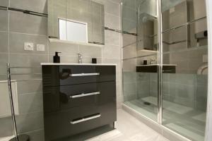 a bathroom with a glass shower and a sink at Le Sunshine - Terrasse et clim in Nîmes