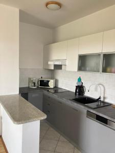 kuchnia z szarymi i białymi szafkami oraz zlewem w obiekcie Apartment Jasna B w mieście Omišalj