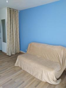 salon z kanapą i niebieską ścianą w obiekcie Le 2 w mieście Balaruc-les-Bains