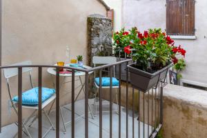 a balcony with a table and a potted plant at Picalof Apartments in Malcesine