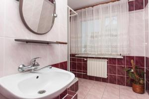 a bathroom with a sink and a mirror at Wypoczynek Roda in Pobierowo
