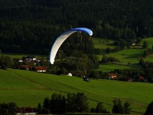 a paraglider is flying over a green field at Appartement im Himmelreich in Lam