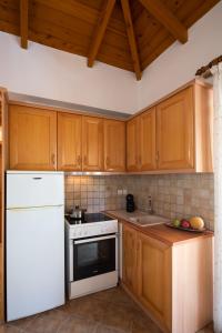 a kitchen with wooden cabinets and a white refrigerator at Delphinus Villa Nefeli in Agios Nikitas