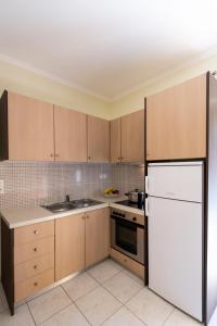 a kitchen with wooden cabinets and a white refrigerator at Delphinus Villa Nefeli in Agios Nikitas