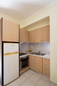a kitchen with wooden cabinets and a white refrigerator at Delphinus Villa Nefeli in Agios Nikitas