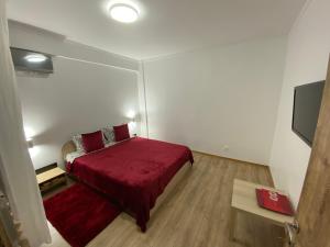 a small bedroom with a red bed and a tv at Oriana in Constanţa +10 photos