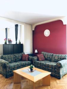 ein Wohnzimmer mit einem Sofa und einem Tisch in der Unterkunft LITA Apartment in Skopje