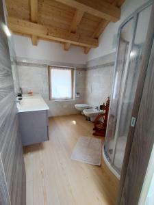 ein Bad mit einer Dusche, einem Waschbecken und einem WC in der Unterkunft Antico Melo B&B in Vignole