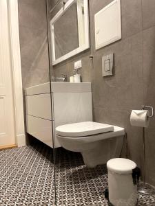 a bathroom with a toilet and a glass shower at Liepaja Center Theater Apartments in Liepāja +16 photos