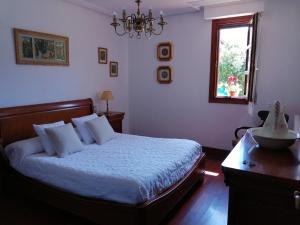 een slaapkamer met een bed, een raam en een kroonluchter bij Tres Fuentes Turismo in Valgañón