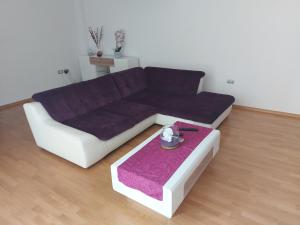 eine schwarz-weiße Couch im Wohnzimmer in der Unterkunft Apartma Klara in Izola
