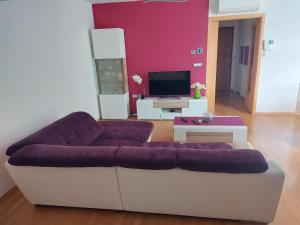 ein Wohnzimmer mit einem lila Sofa und einem TV in der Unterkunft Apartma Klara in Izola