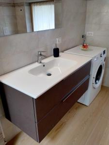 a bathroom with a sink and a washing machine at Antico Melo B&B in Vignole +37 photos