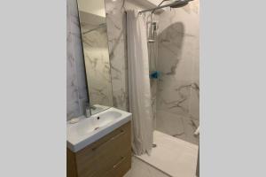 La salle de bains est pourvue d'un lavabo et d'une douche avec un miroir. dans l'établissement Appartement neuf 4-6 personnes en bord de Mer, à Nice