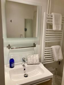 La salle de bains est pourvue d'un lavabo, d'un miroir et de serviettes. dans l'établissement Cannes City B&B, à Cannes