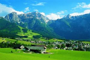 a village in a green field with mountains in the background at Lammertalerhof in Abtenau