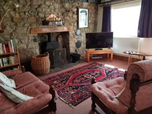 a living room with a couch and a fireplace at Granston Cottage in Granston