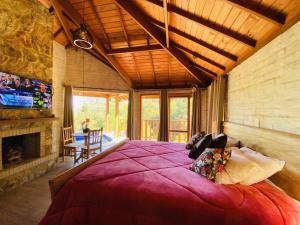 a bedroom with a large bed in a room with a fireplace at Chales Cabana Garden in Monte Verde