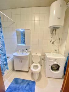 里桑的住宿－Roman Garden Apartment，白色的浴室设有卫生间和水槽。