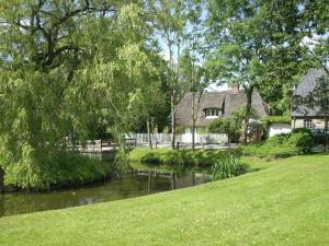 Ostenfeld的住宿－Ferien unter Reet，一条河,有房子在后面,有院子